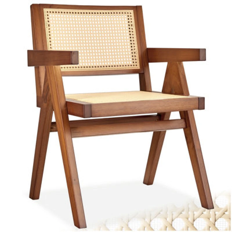 Image of Tectake 1 Dining Chair Lizzy With Mid-Century Modern Design, Rattan Backrest And Solid Wood Frame - Dark Oak