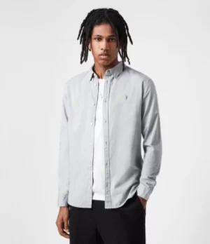 Image of AllSaints Mens Hawthorne Stretch Fit Shirt, Light Grey, Size: M
