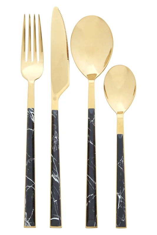 Image of Premier Housewares Avie 16Pc Black Faux Marble Cutlery Set Gold