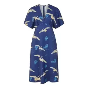 Image of Yumi Navy Crane Print Kimono Midi Dress - Blue