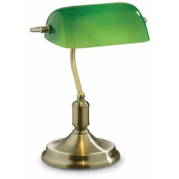 Image of Ideal Lux Lawyer - 1 Light Banker Table Lamp Antique Brass with Green Glass Shade, E27