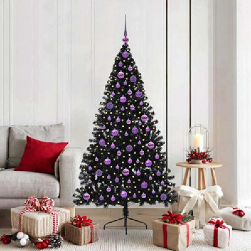 Image of vidaXL Artificial Pre-lit Christmas Tree with Lilac Balls Black 180cm PVC, Black 3397147