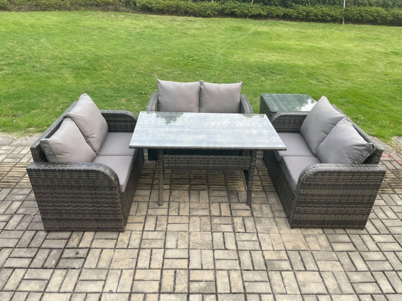 Image of Fimous Wicker PE Rattan Sofa Outdoor Garden Furniture Set with Rectangular Dining Table Side Table Dark Grey Mixed Dark Grey Unisex