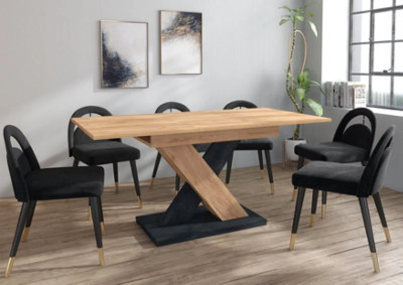 Image of Furneo Modern Dining Table Extendable 120-160Cm Oak & Black Concrete Effect Enzo 01