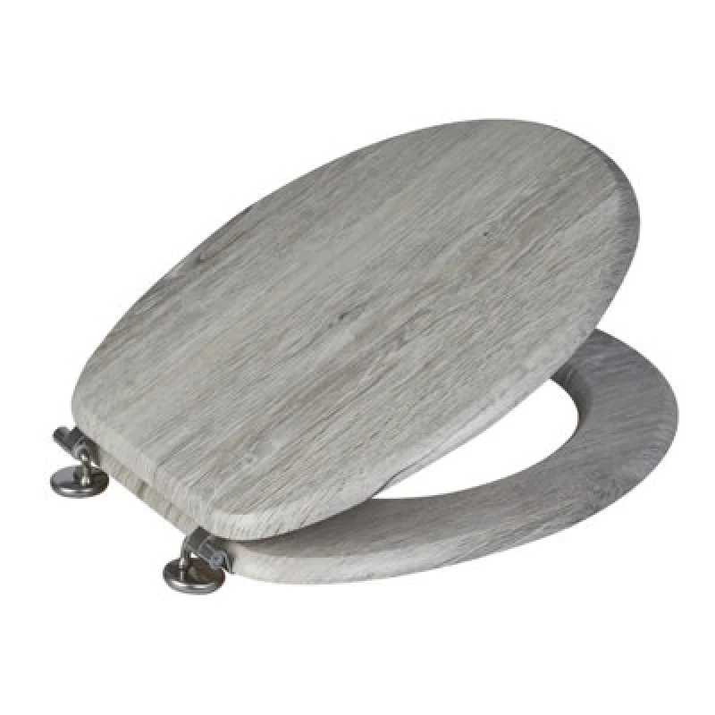 Image of Showerdrape Oxford Grey Oak Wooden Toilet Seat with Chrome Hinges Light Grey