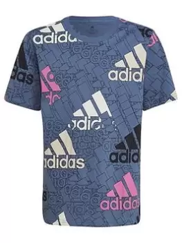 Image of adidas Essentials Big Logo Junior Kids Brand Love T-Shirt - Dark Blue, Dark Blue, Size 7-8 Years, Women