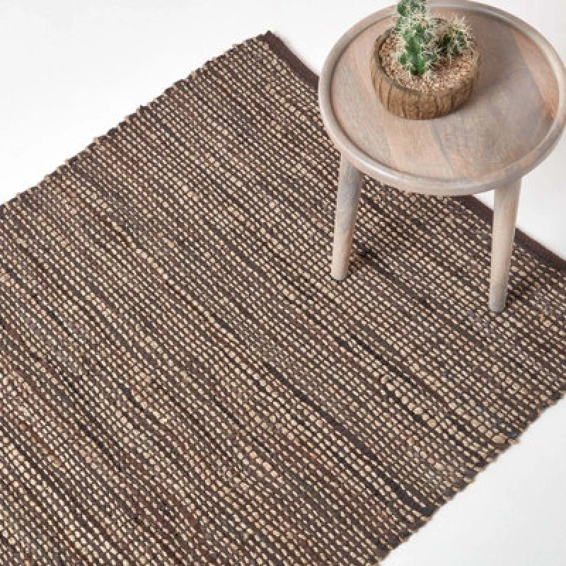 Image of Homescapes Madras Leather Hemp Rug Brown, 90 X 150 Cm