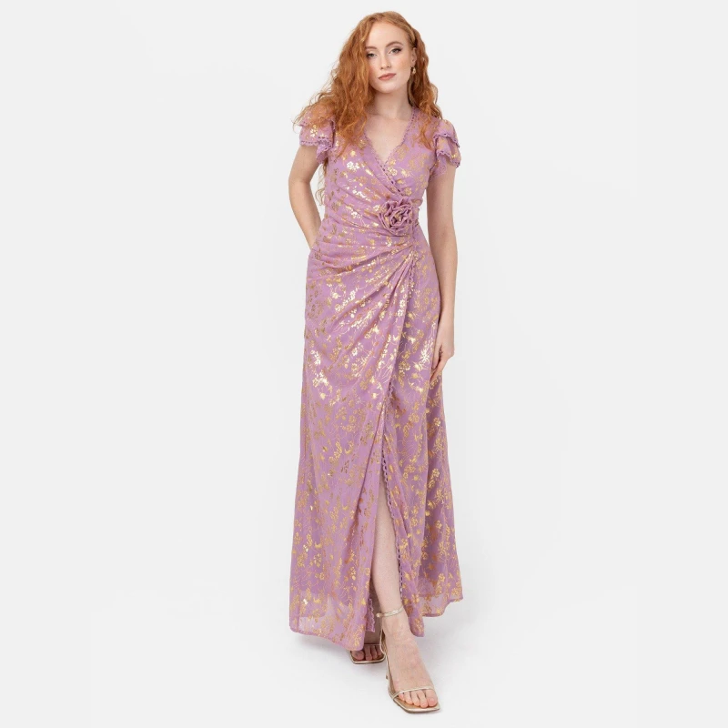 Image of Maya Deluxe Maya Faux Wrap Maxi Dress with Gold Foil and Corsage Detail Orchid female 10 (S)