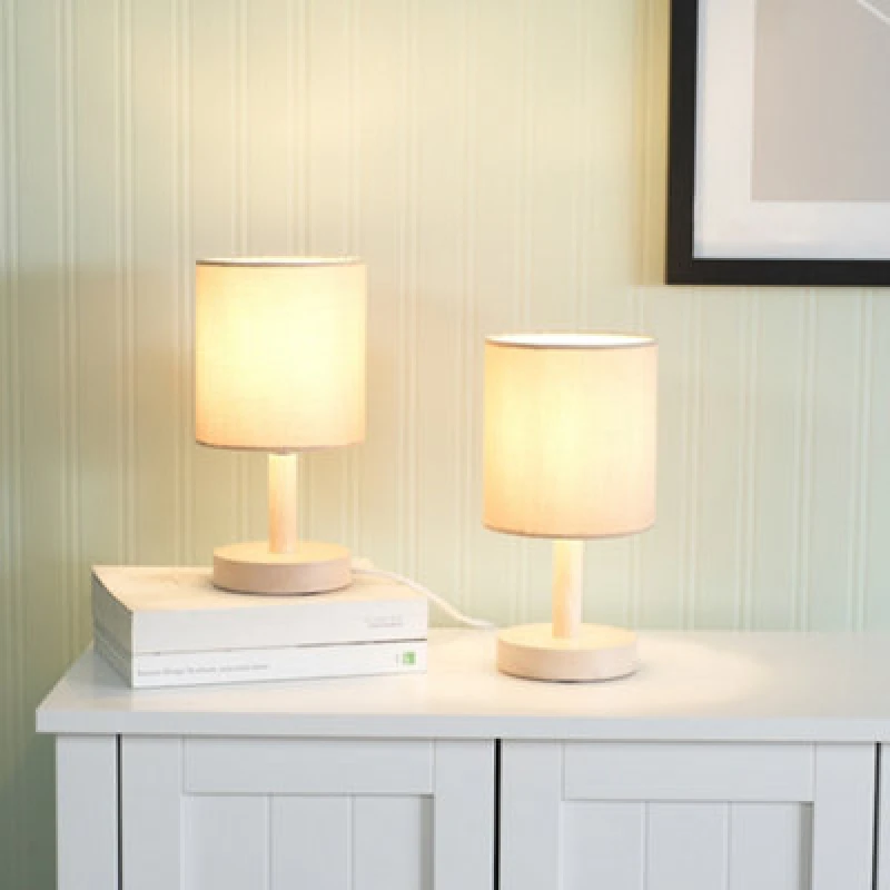 Image of ValueLights Nelly Pair of Wooden Base Bedside Table Lamps with LED Bulbs Nude