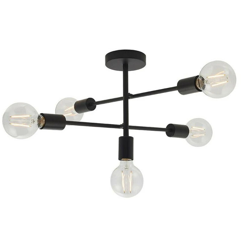 Image of Loops Semi Flush Ceiling Lamp Matt Black 5x Multi Light Industrial Straight Pendant Black
