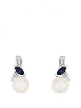 Image of Love PEARL 9ct White Gold Diamond Set Freshwater Pearl and Created Sapphire Earrings, One Colour, Women