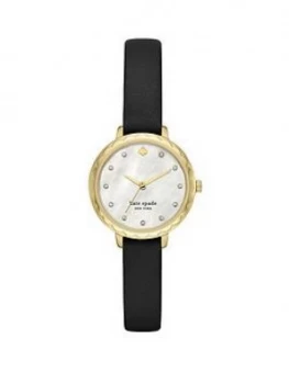 Image of Kate Spade New York Kate Spade Mother Of Pearl And Gold Detail Dial Black Leather Strap Ladies Watch
