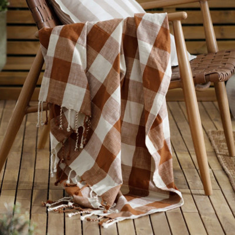 Image of Yard Chesil Check Tasselled 100% Cotton Throw Pecan 130 X 170Cm, Orange 5025532825582.00