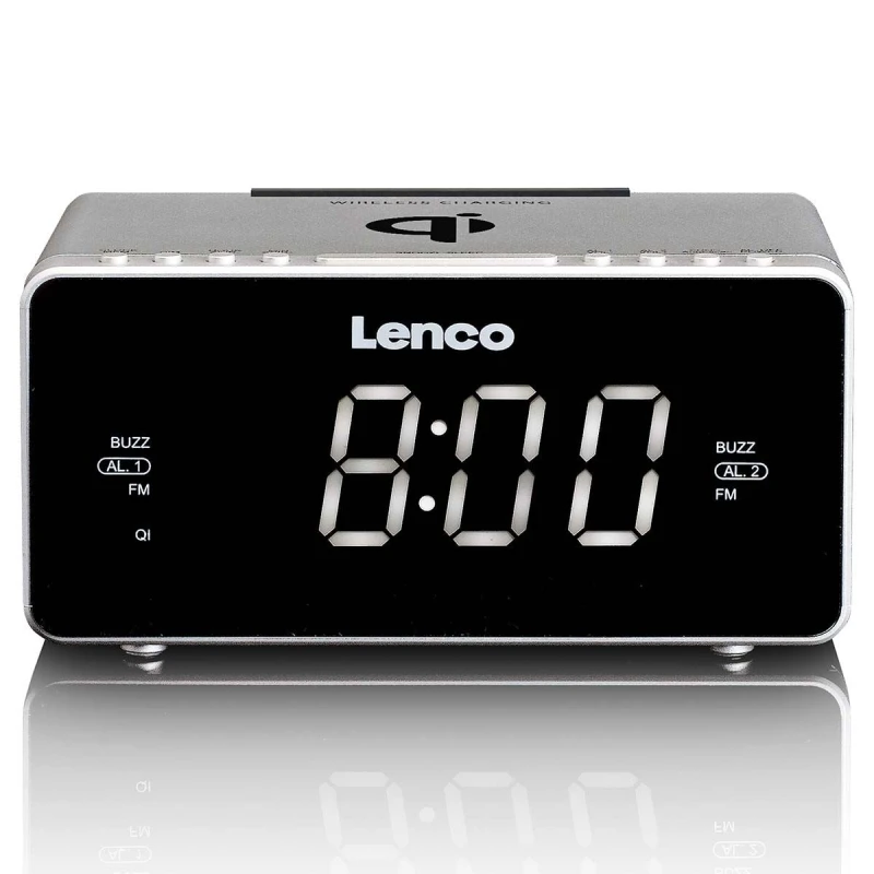 Image of Lenco FM Alarm Clock Radio with USB and Qi Wireless Smartphone Charging Pad Black & Silver NED-916677 Clock Radio