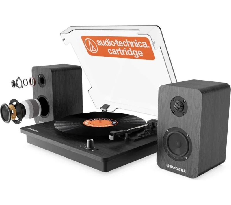 Image of OAKCASTLE TT200 Belt Drive Bluetooth Turntable with Bookshelf Speakers - Black 5056444111555