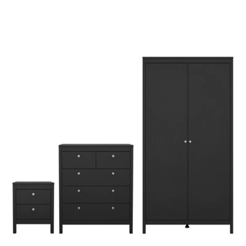 Image of Furniture To Go Madrid 3 Piece Bundle, Bedside, Chest And 2 Door Wardrobe In Matt Black