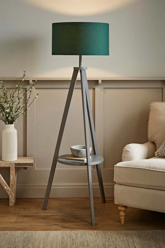Image of ValueLights Morrigan Grey Wood Tripod Floor Lamp With Fabric Drum Lamp Shade Dark Green