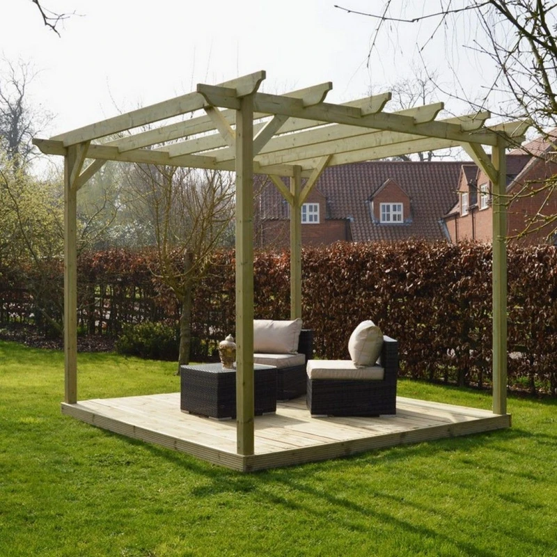 Image of Rutland County Garden Furniture Ltd Garden Pergola & Decking Kit, Wood, L300 x W300 cm, Rustic Brown in Light Green Light Green Unisex