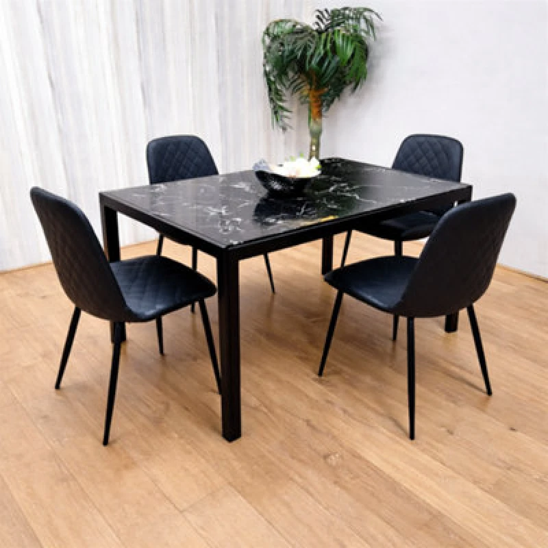 Image of KOSY KOALA KOSY KOALA Marble Glass Dining Table with 4 Diamond Patterned Black Chairs Black One Size Unisex 5060711589541