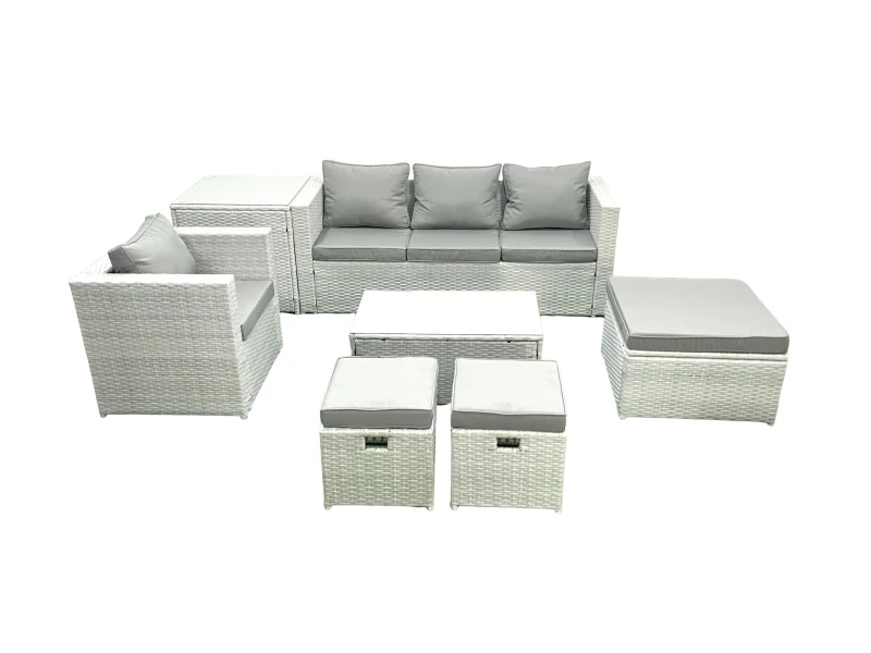 Image of Fimous 7 Pieces Rattan Garden Furniture Set Outdoor Garden Sofa Chair Coffee Table Set with Side Table 3 Footstools Light Grey Mixed Light Grey