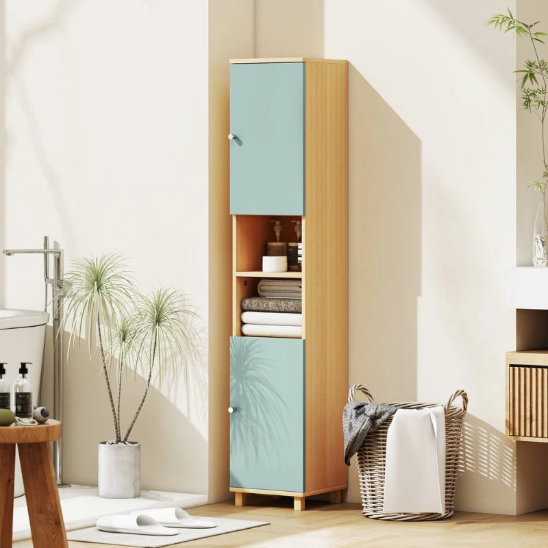 Image of HOMCOM Tall Bathroom Cabinet with Adjustable Shelves & Open Shelves, Green in Natural Natural Unisex