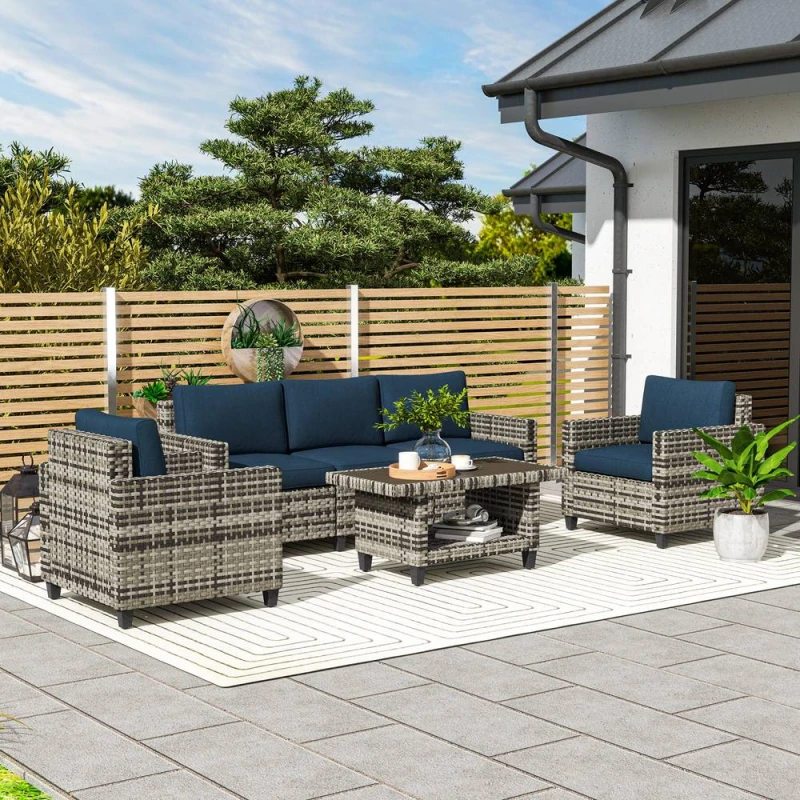Image of Outsunny 5 Seater Wicker Outdoor Furniture Set for Balcony, Navy Blue 860-388V70DB