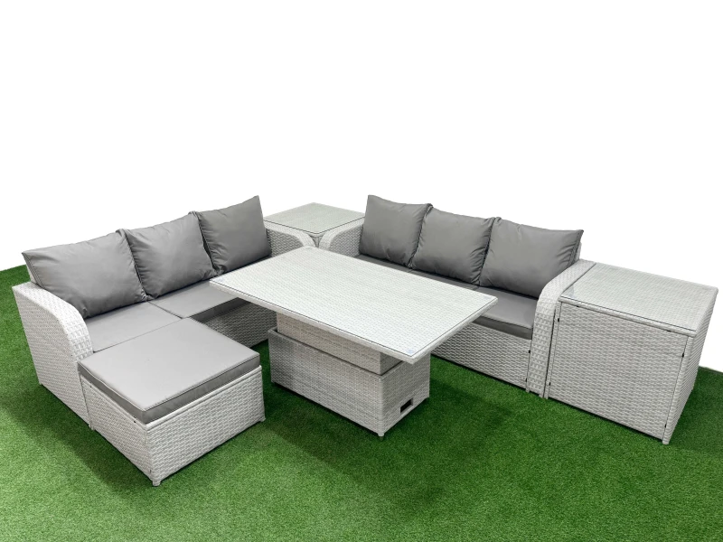 Image of Fimous Outdoor Garden Furniture Sets 7 Seater Wicker Rattan Furniture Sofa Sets with Big Footstool 2 Side Table Light Grey
