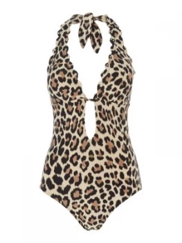 Image of Kate Spade New York Scalloped halterneck plunge swimsuit Animal