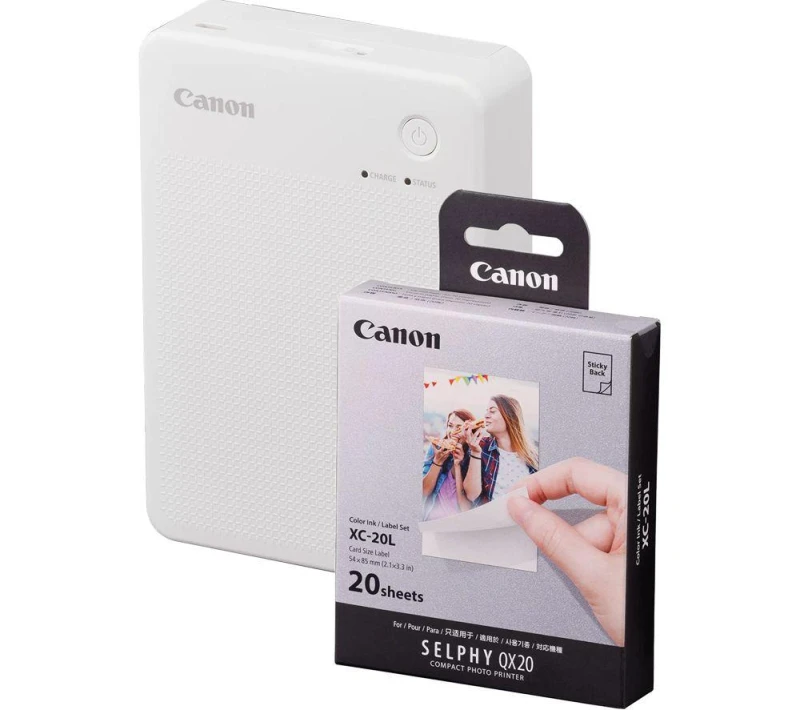 Image of Canon SELPHY QX20 Portable Colour Photo Wireless Printer & XC-20L 54 x 85mm Photo Paper & Ink Set - Sand White, 20 Sheets, White 5055189045644