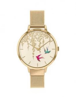 Image of Sara Miller White And Gold Detail Swallow Dial Gold Stainless Steel Mesh Strap Ladies Watch