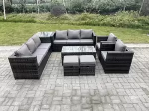 Image of Fimous 9 Seater Outdoor Dark Grey Rattan Lounge Sofa Complete Set with Oblong Coffee Table, 2 Side Coffee Table, and 2 Stools