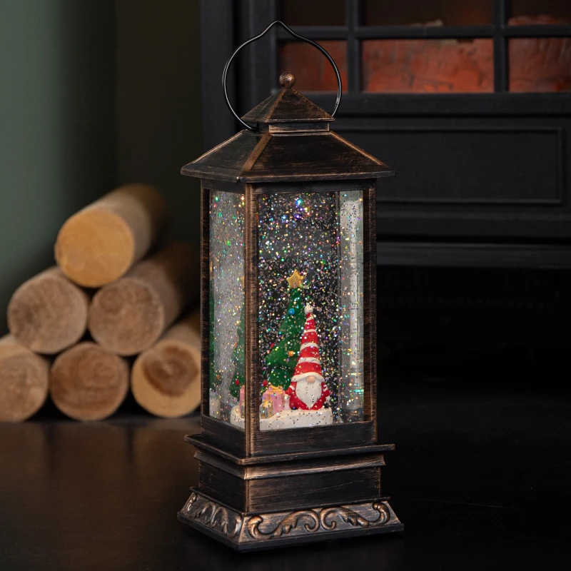 Image of 28cm Battery Powered Light up Antique Lantern Christmas Water Spinner with Snowy Gonk Scene