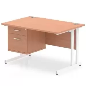 Image of Impulse 1200 Rectangle White Cant Leg Desk Beech 1 x 2 Drawer Fixed