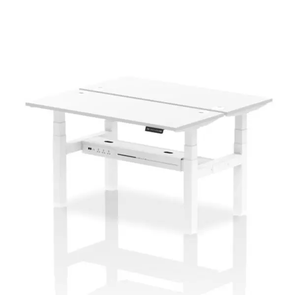 Image of Air Air Back-to-Back 1400 x 600mm Height Adjustable 2 Person Bench Desk White Top with Cable Ports White Frame HASCP2P14600WHTW