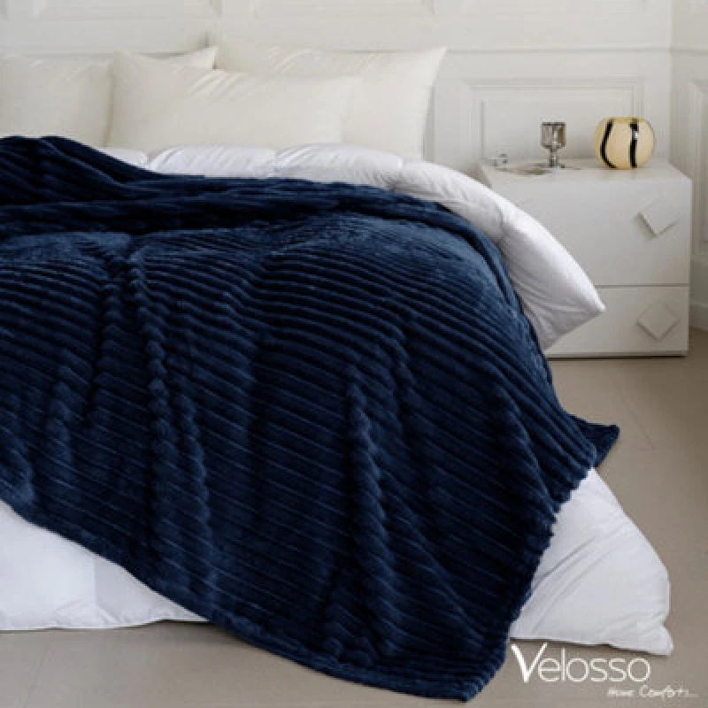 Image of Velosso Elegant Thermal Plush Ribbed Throw Blanket In Modern Style For Sofa, Bed In 200Cm X 240Cm - Navy