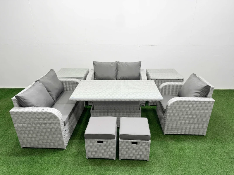 Image of Fimous High Back Poly Rattan Garden Furniture Set with Adjustable Lifting Dining or Coffee Table Indoor Outdoor Patio Set 2 Stool 2 Side Table