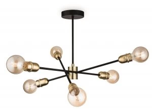 Image of 6 Light Multi Arm Semi Flush Light Black with Brushed Brass, E27