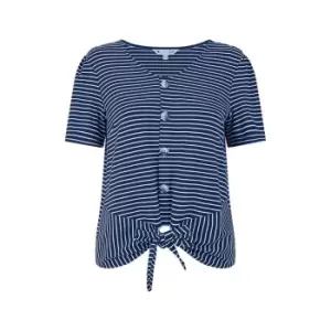 Image of Yumi Navy Striped Jersey Button Detail Top - Blue