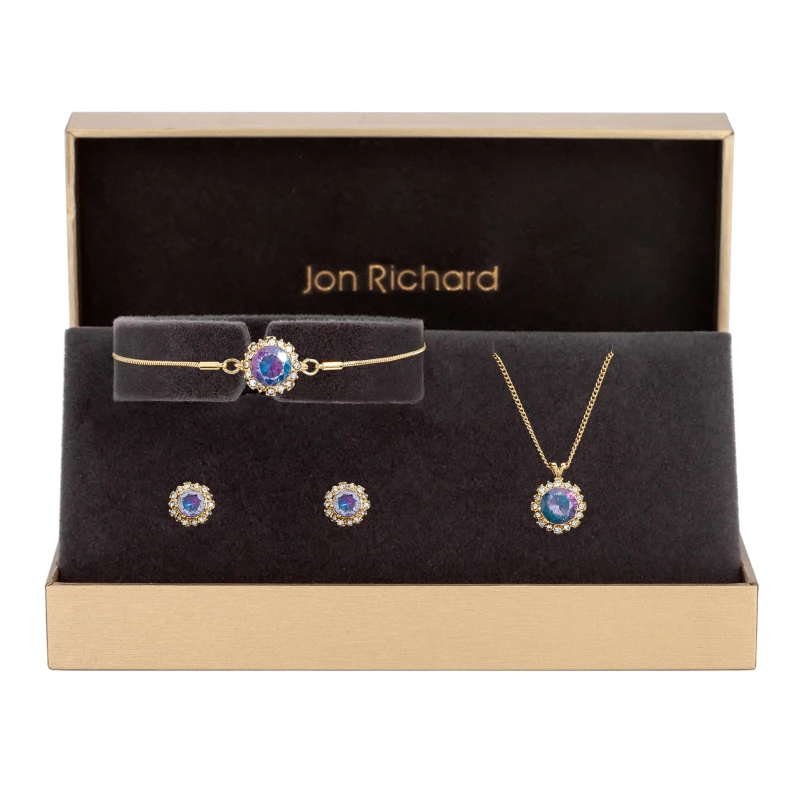 Image of Jon Richard Gold Plated Purple Effect Stone Halo Set - Gift Box Gold female
