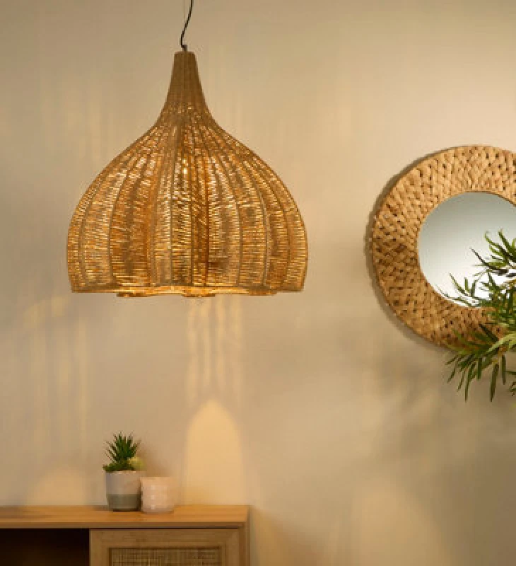 Image of Lighting Collection Oversized Natural Rattan Dome Pendant With Hand Woven Textured Design