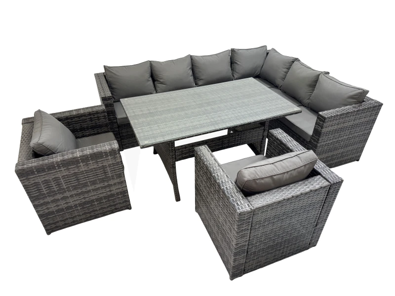 Image of Fimous 8 Seater Patio Dining Corner Sofa Sets with 2 Chairs Dark Grey Mixed Dark Grey Unisex