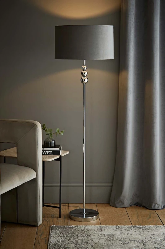 Image of ValueLights Marissa Velvet Drum Shade with Chrome Stacked Ball Floor Lamp Grey