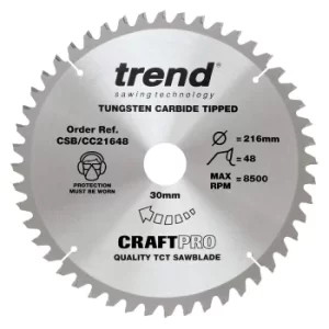 Image of Trend CRAFTPRO Wood Cutting Mitre Saw Blade 216mm 48T 30mm
