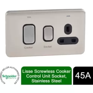 Image of Schneider Electric Lisse Screwless Deco - Switched Cooker Control Unit with Single Power Socket, Double Pole, Neon Indicator, 45A, GGBL4001BSS, Stainl