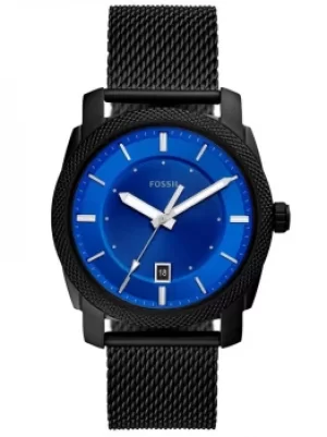 Image of Fossil Mens Machine Stainless Steel Blue Date Dial Black Mesh...