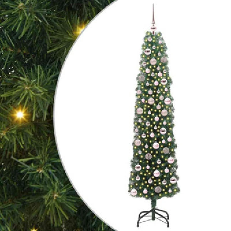 Image of vidaXL Artificial Christmas Tree with 300 LEDs, Pink Balls with Stand Green 180 x 48 cm, Green 3394945