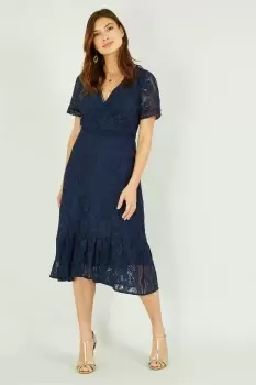 Image of Navy Lace Skater Midi Dress With Ruffle Hem