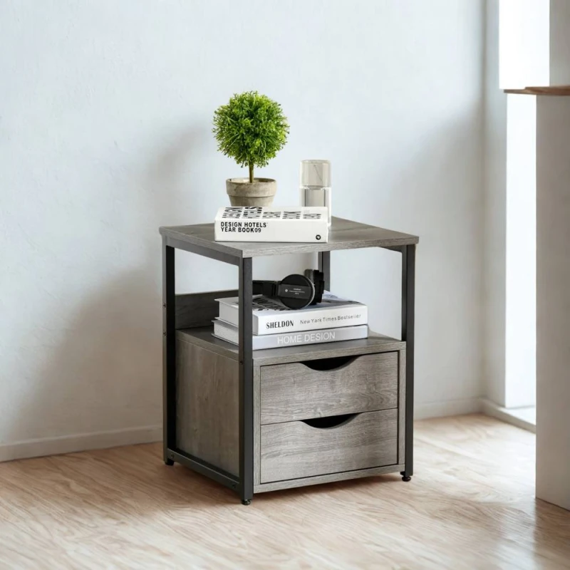 Image of Pirlo Plush Industrial Bedside Table Nightstand With 2 Drawers & Shelf Greige in Grey Grey Unisex