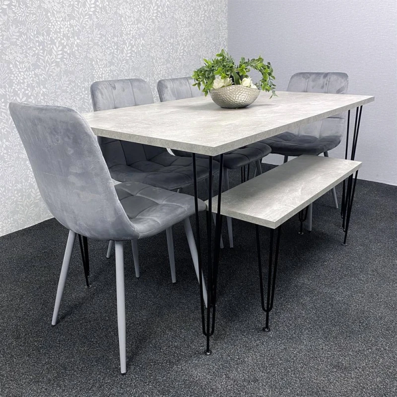 Image of Kosy Koala Dining Table With 4 Chairs Modern Dining Table Set With 4 Grey Chairs And 1 Bench Dining Room Furniture