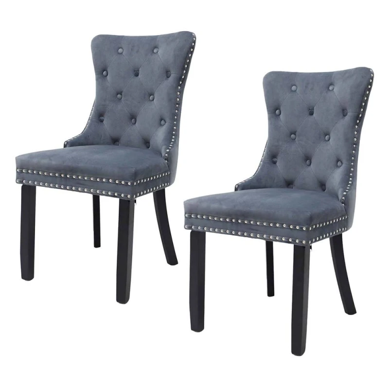 Image of Alivio Set of 2 Velvet Tufted Dining Chairs with Nailhead Trim & Wooden Legs in Grey Grey Unisex